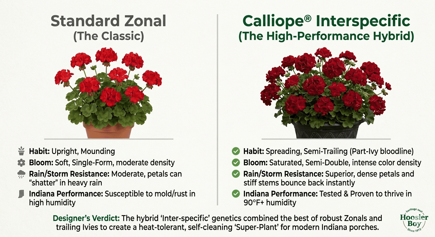 Side-by-side comparison chart of Zonal and Inter-specific Calliope geraniums